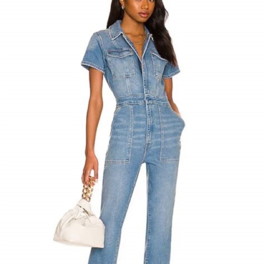 NEW WITH TAGS! Size Large Good American Light Blue Denim Short Sleeve Jumpsuit